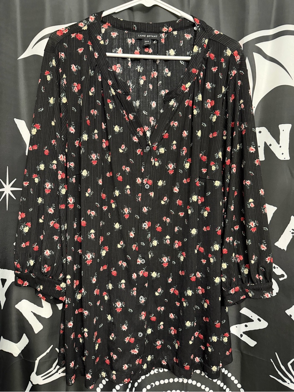 Lane Bryant Black Floral Button-Up Tunic with Red and Cream Blooms